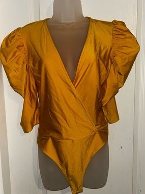 Mustard Puff-Sleeve Wrap Bodysuit - Women Tops